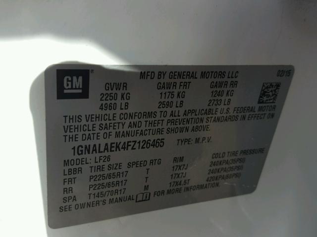 1GNALAEK4FZ126465 - 2015 CHEVROLET EQUINOX LS WHITE photo 10