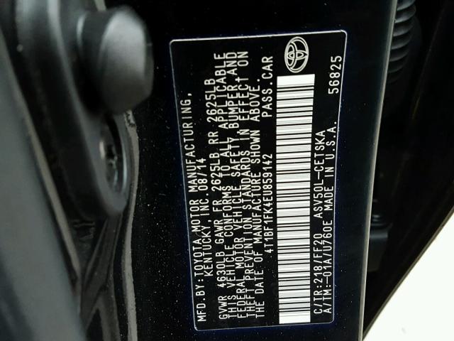 4T1BF1FK4EU859142 - 2014 TOYOTA CAMRY L BLACK photo 10