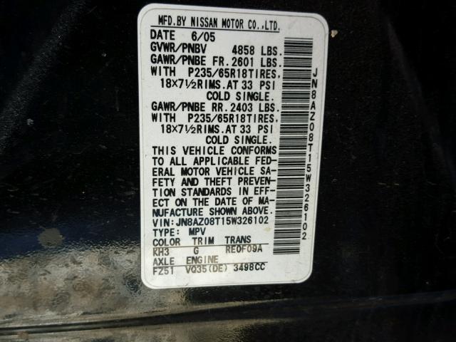 JN8AZ08T15W326102 - 2005 NISSAN MURANO SL BLACK photo 10