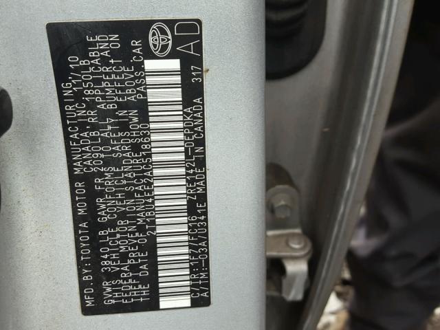 2T1BU4EE2AC518630 - 2010 TOYOTA COROLLA BA SILVER photo 10