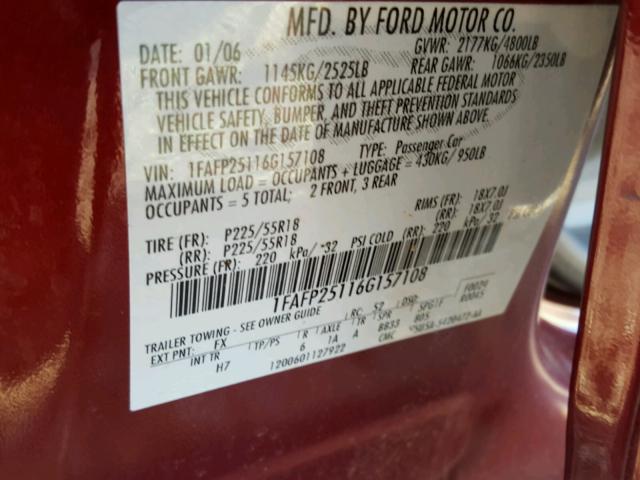 1FAFP25116G157108 - 2006 FORD FIVE HUNDR BURGUNDY photo 10