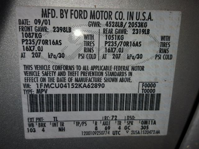 1FMCU04152KA62890 - 2002 FORD ESCAPE XLT SILVER photo 10