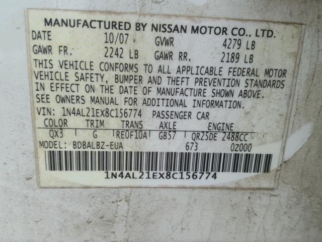 1N4AL21EX8C156774 - 2008 NISSAN ALTIMA 2.5 WHITE photo 10