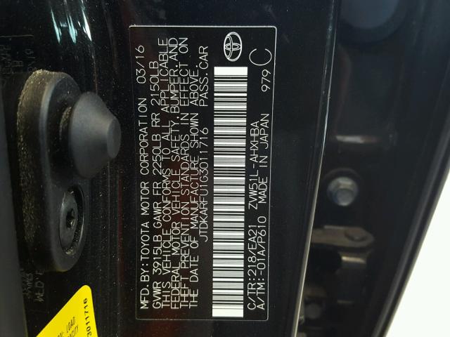 JTDKARFU1G3011716 - 2016 TOYOTA PRIUS BLACK photo 10