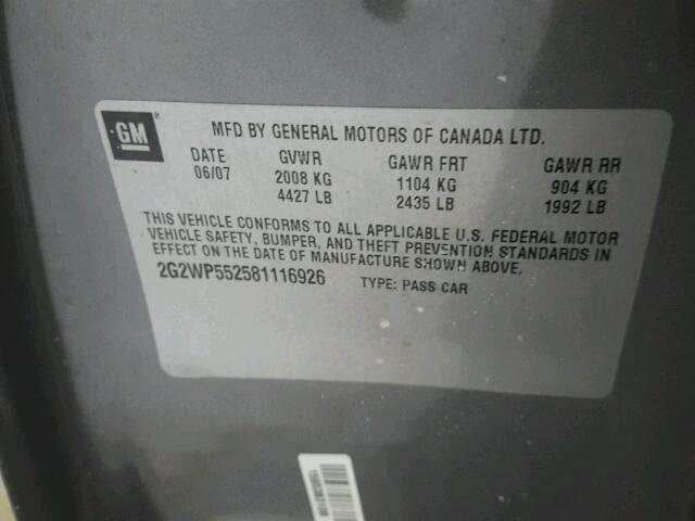 2G2WP552581116926 - 2008 PONTIAC GRAND PRIX GRAY photo 10