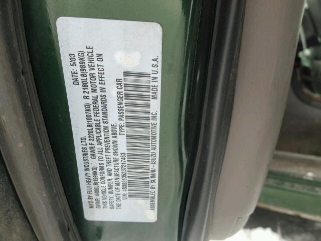 4S3BE635237217453 - 2003 SUBARU LEGACY L GREEN photo 10