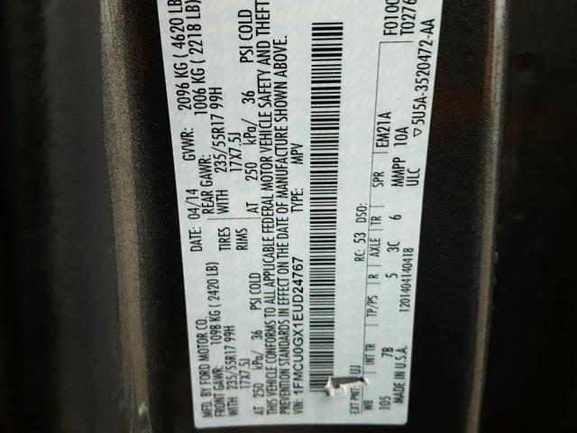 1FMCU0GX1EUD24767 - 2014 FORD ESCAPE SE GRAY photo 10