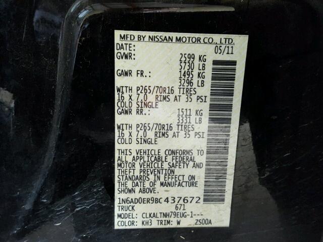 1N6AD0ER9BC437672 - 2011 NISSAN FRONTIER S BLACK photo 10