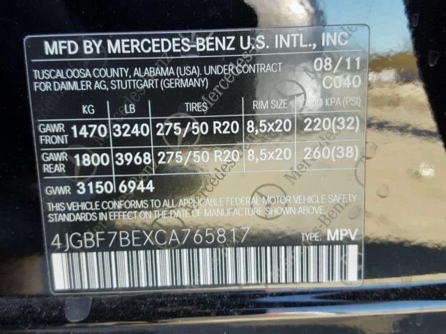 4JGBF7BEXCA765817 - 2012 MERCEDES-BENZ GL 450 4MA BLACK photo 10