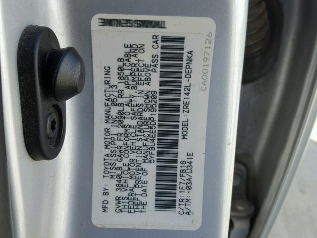 5YFBU4EE5DP195209 - 2013 TOYOTA COROLLA BA SILVER photo 10