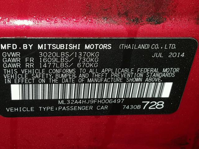 ML32A4HJ9FH006497 - 2015 MITSUBISHI MIRAGE ES RED photo 10