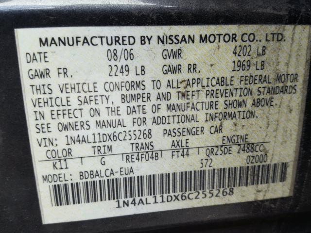 1N4AL11DX6C255268 - 2006 NISSAN ALTIMA S GRAY photo 10