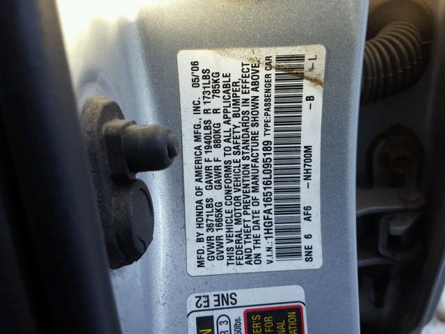 1HGFA16516L095189 - 2006 HONDA CIVIC LX GRAY photo 10