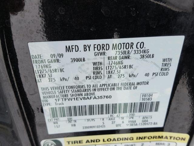 1FTFW1EV8AFA35760 - 2010 FORD F150 SUPER BLACK photo 10