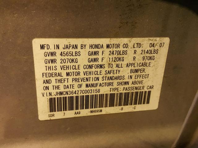 JHMCN36427C003158 - 2007 HONDA ACCORD HYB SILVER photo 10