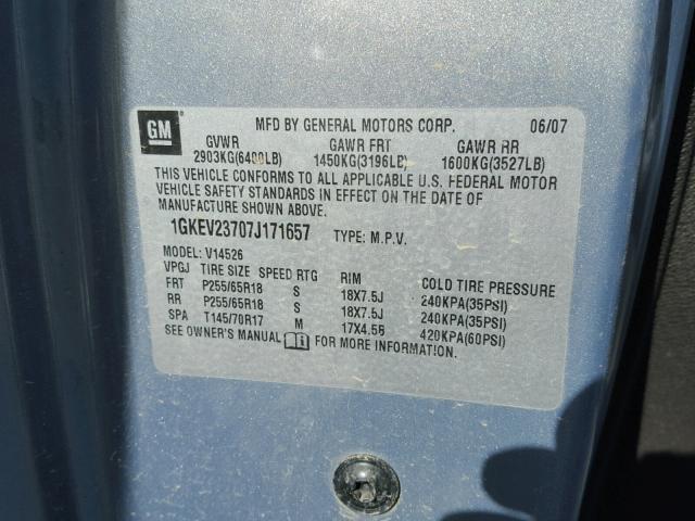 1GKEV23707J171657 - 2007 GMC ACADIA SLT Mavi foto 10