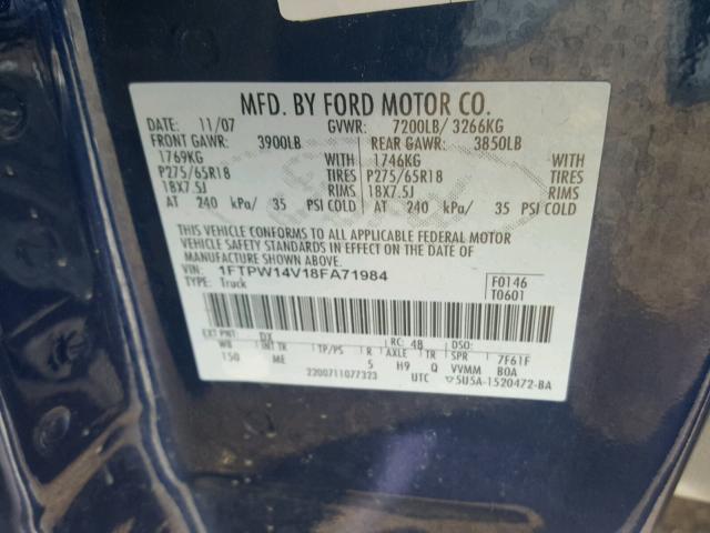 1FTPW14V18FA71984 - 2008 FORD F150 SUPER BLUE photo 10