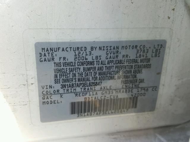 3N1AB7AP3EL625847 - 2014 NISSAN SENTRA S WHITE photo 10