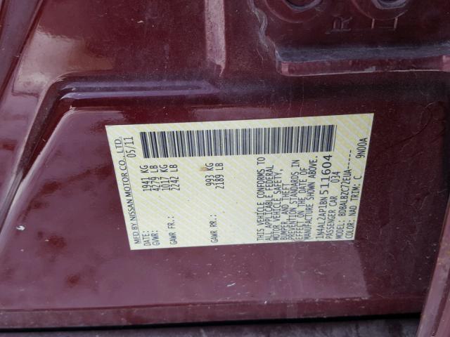 1N4AL2AP1BN511604 - 2011 NISSAN ALTIMA BAS MAROON photo 10