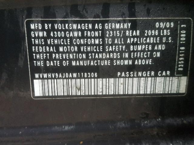 WVWHV9AJ0AW118306 - 2010 VOLKSWAGEN GTI BLACK photo 10