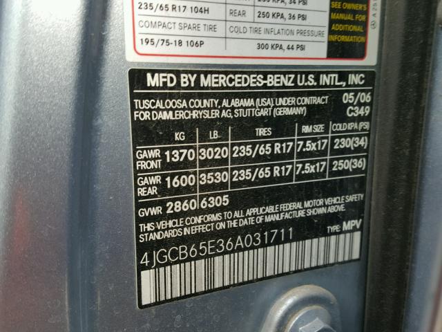 4JGCB65E36A031711 - 2006 MERCEDES-BENZ R 350 BLUE photo 10