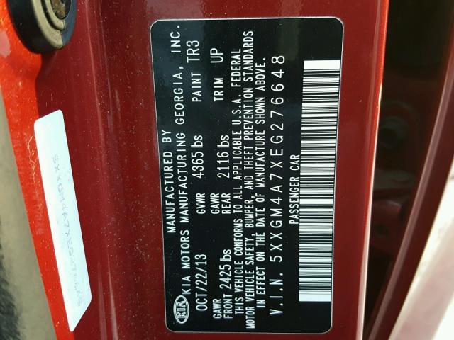 5XXGM4A7XEG276648 - 2014 KIA OPTIMA LX RED photo 10