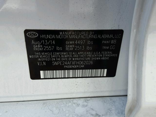 5NPE24AFXFH062026 - 2015 HYUNDAI SONATA SE WHITE photo 10