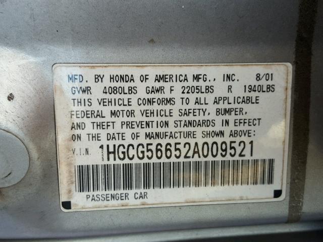 1HGCG56652A009521 - 2002 HONDA ACCORD EX SILVER photo 10