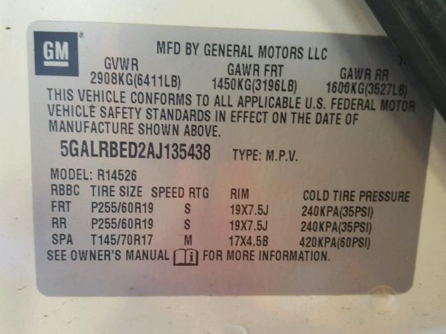 5GALRBED2AJ135438 - 2010 BUICK ENCLAVE CX CREAM photo 10