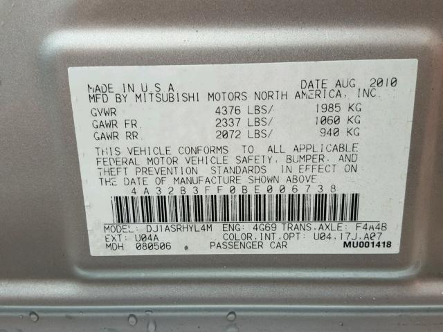 4A32B3FF0BE006738 - 2011 MITSUBISHI GALANT ES GRAY photo 10