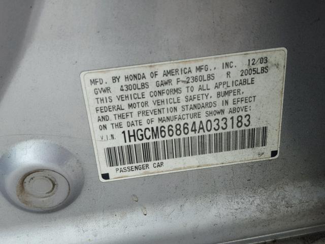 1HGCM66864A033183 - 2004 HONDA ACCORD EX SILVER photo 10