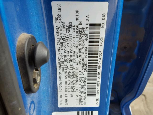 5TEMU52N97Z380459 - 2007 TOYOTA TACOMA DOU BLUE photo 10