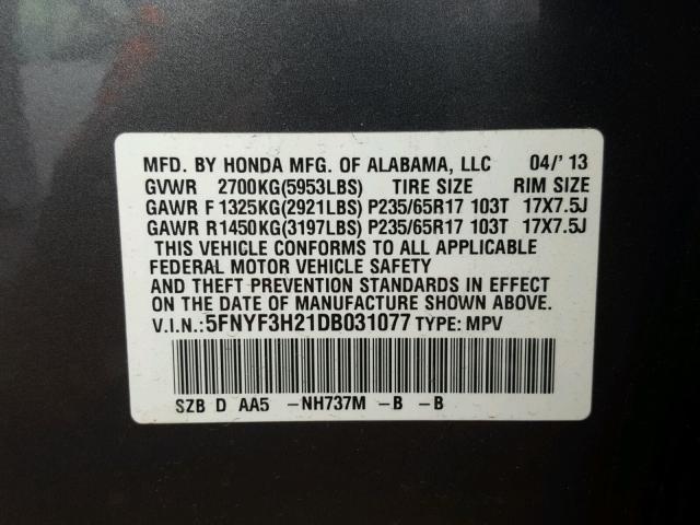 5FNYF3H21DB031077 - 2013 HONDA PILOT LX CHARCOAL photo 10