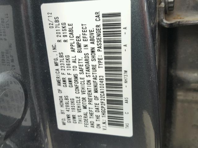 1HGCP2F32CA100493 - 2012 HONDA ACCORD LX GRAY photo 10