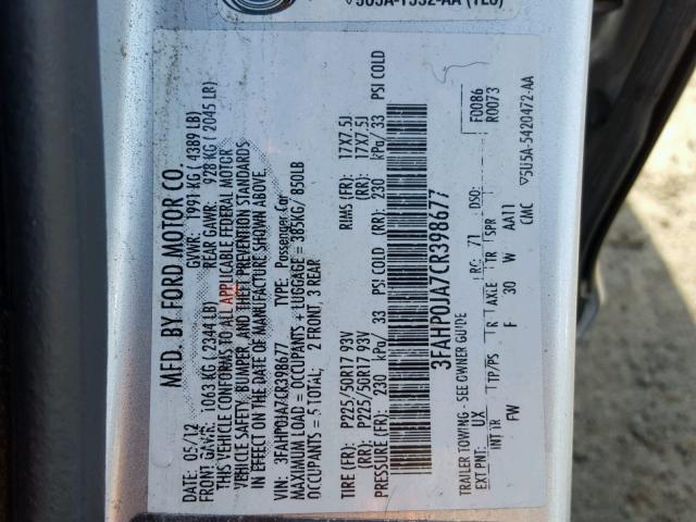 3FAHP0JA7CR398677 - 2012 FORD FUSION SEL SILVER photo 10