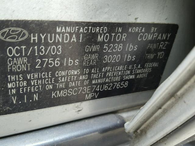 KM8SC73E74U627658 - 2004 HYUNDAI SANTA FE G SILVER photo 10