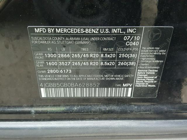 4JGBB5GB0BA628852 - 2011 MERCEDES-BENZ ML 350 BLACK photo 10