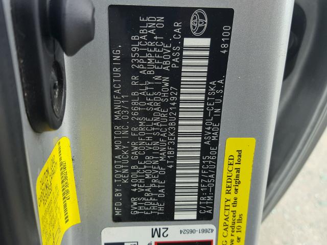 4T1BF3EK3BU214927 - 2011 TOYOTA CAMRY BASE SILVER photo 10