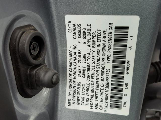 2HGFC1F30GH637759 - 2016 HONDA CIVIC EX SILVER photo 10