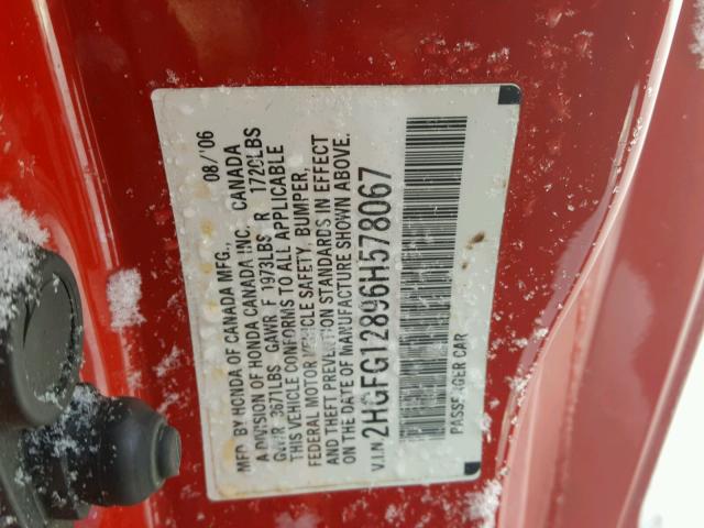 2HGFG12896H578067 - 2006 HONDA CIVIC EX წითელი ფოტო 10