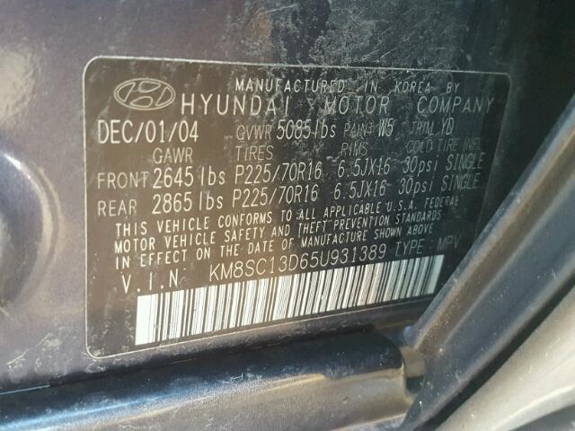 KM8SC13D65U931389 - 2005 HYUNDAI SANTA FE G GRAY photo 10