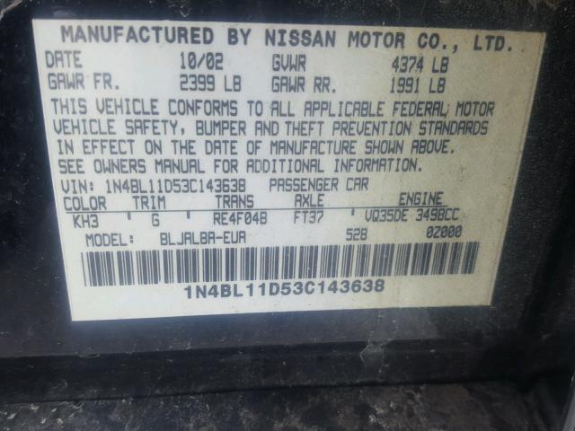 1N4BL11D53C143638 - 2003 NISSAN ALTIMA SE BLACK photo 10