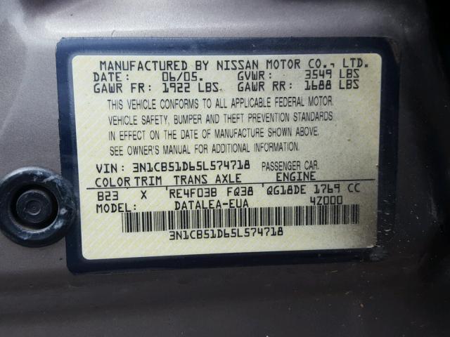 3N1CB51D35L562008 - 2005 NISSAN SENTRA 1.8 GRAY photo 10