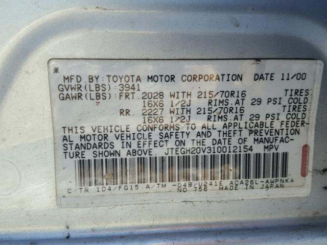 JTEGH20V310012154 - 2001 TOYOTA RAV4 SILVER photo 10