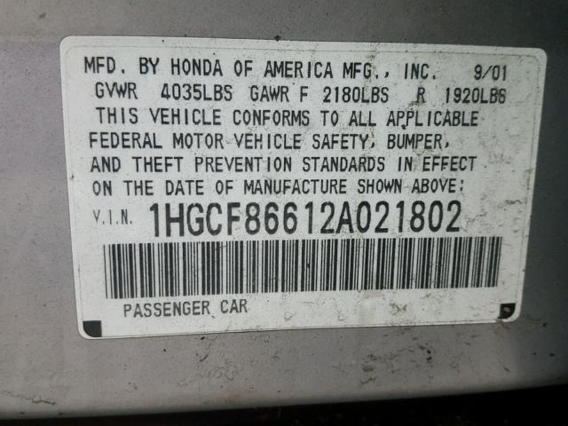 1HGCF86612A021802 - 2002 HONDA ACCORD VAL SILVER photo 10