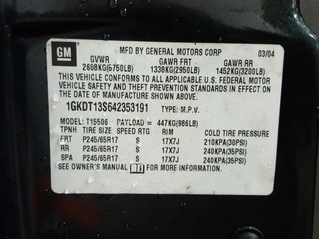 1GKDT13S642353191 - 2004 GMC ENVOY CHARCOAL photo 10