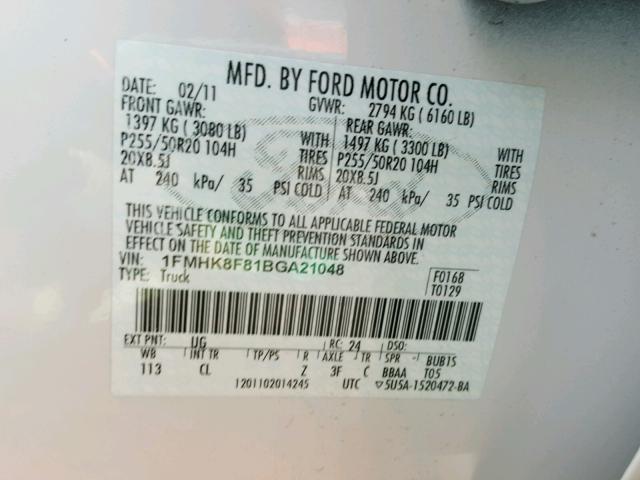 1FMHK8F81BGA21048 - 2011 FORD EXPLORER L WHITE photo 10