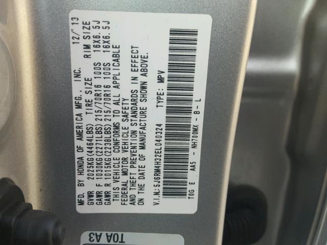 5J6RM4H32EL040324 - 2014 HONDA CR-V LX GRAY photo 10