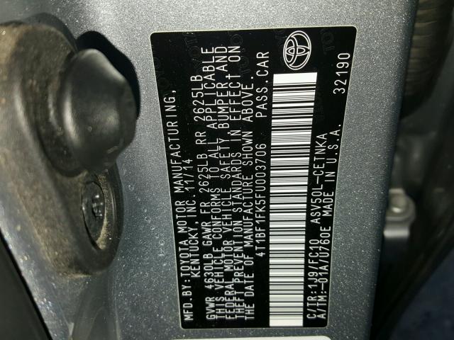 4T1BF1FK5FU003706 - 2015 TOYOTA CAMRY LE SILVER photo 10
