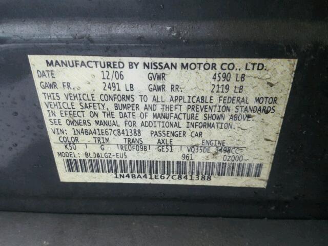 1N4BA41E67C841388 - 2007 NISSAN MAXIMA SE GRAY photo 10